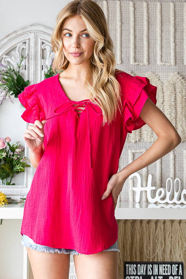 Lace-Up Flutter Sleeve Blouse