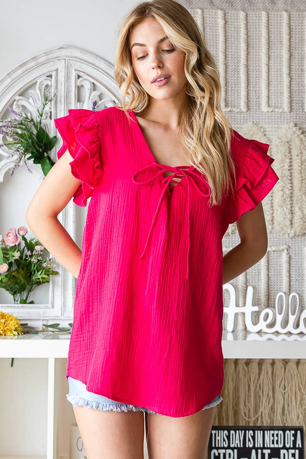 Lace-Up Flutter Sleeve Blouse