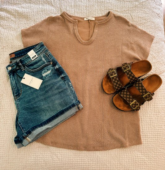 Notched Neckline Ribbed Shirt