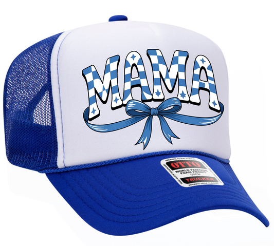 Mama Blue Checkered Bow Adult Otto Foam Trucker Hat
